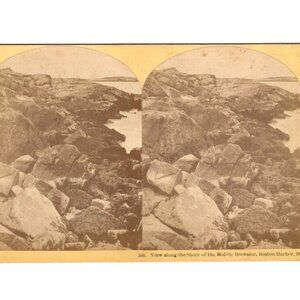 Vintage Stereoview Card Of Middle Brewster Shoreline  B.W. Kilburn Boston Harbor
